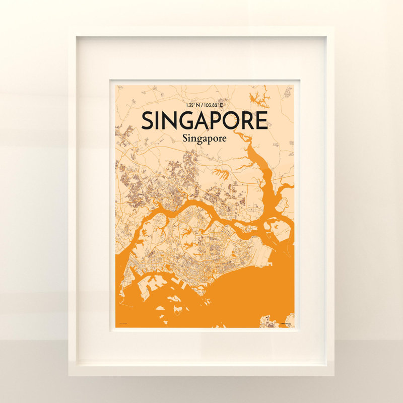 Carte de la ville de Singapour, impression, H 20 po x l 16 po, Orange / or pâle