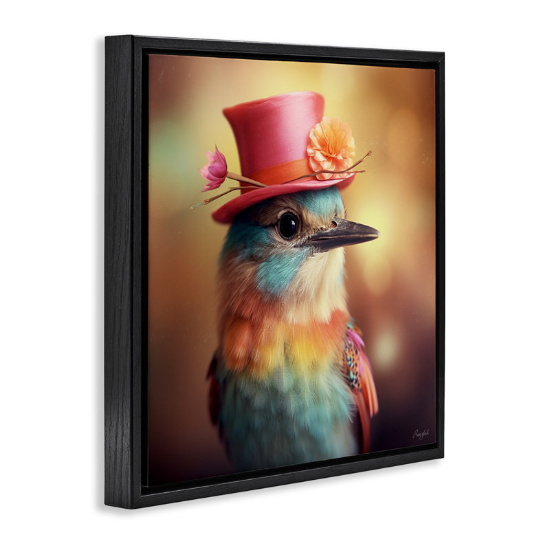 Oiseau pastel au chapeau, H 18 po x l 18 po, Cadre flottant noir de jais