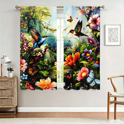2Pcs Hummingbird and Butterfly curtains, light filtering fabric, vibrant floral garden print, decorative home draperies, suitable for living room, bedroom, balcony, kitchen, rod-pocket design