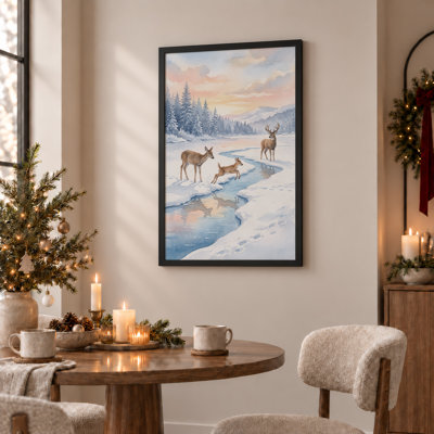 Aquarelle, famille de cerfs sautant par-dessus un ruisseau, art mural sur toile de Noël