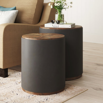 Metal Side End Accent Table with Brown Wood Top