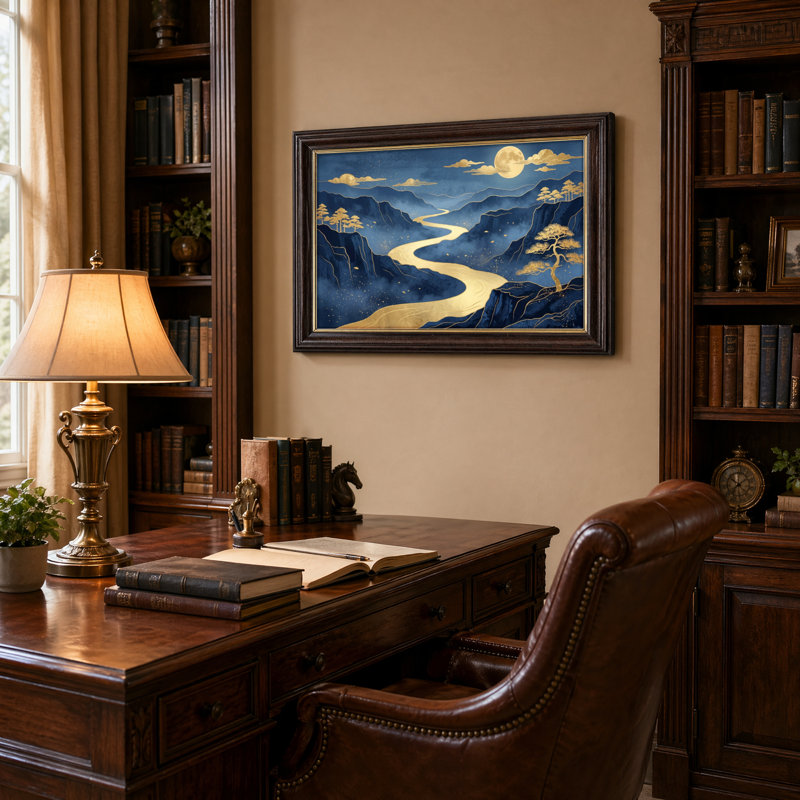 Art mural antique sur toile encadré doré pour le salon, la chambre à coucher, le bureau ou le vestibule - décoration murale décorative avec rivière au clair de lune