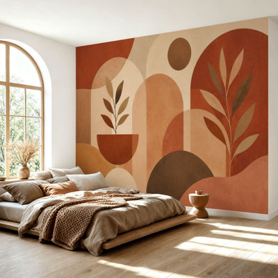 Wall Mural Peel and Stick Wallpaper Abstract Botanical Leaves Warm Earth Tones Layered Paper Cut Style Self-Adhesive Removable Contact Paper Wall Decor for Living Room Bedroom 69"H x 96"W