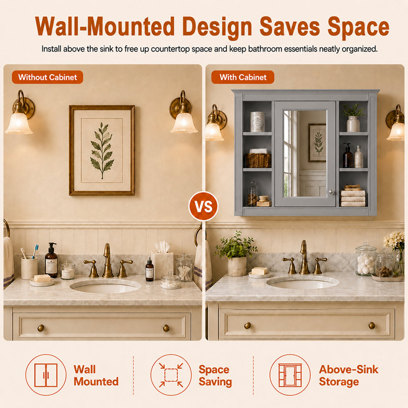Armoire de rangement murale 35 po x 28 po en MDF avec miroir et 6 tablettes ouvertes, Gray
