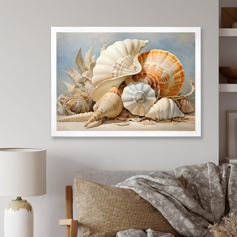 Collage de coquillages contemporains, H 30 po x l 40 po x P 1,5 po, Cadre simple blanc