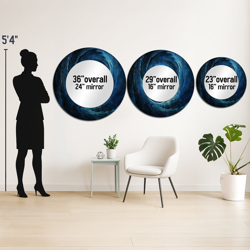 Blue Swirl Wave Spiral V - Abstract Spirals Unique Wall Mirror Decor, Blue Large Round Mirror, Printed Metal Art, 23" x 23"