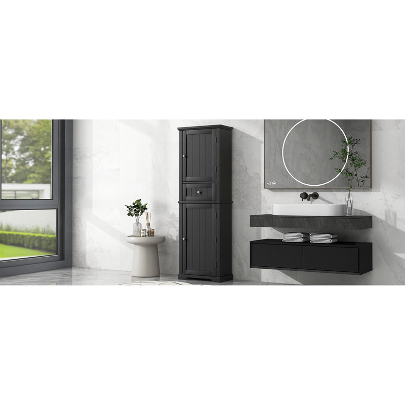Bathroom Storage Cabinet In Black With Adjustable Shelf And Middle Front Drawer Tall Inner