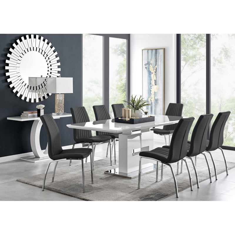 Areza High Gloss Extendable Dining Table Set with Luxury Faux Leather Dining Chairs, Black, 9 Pieces: Table, 8 Chairs