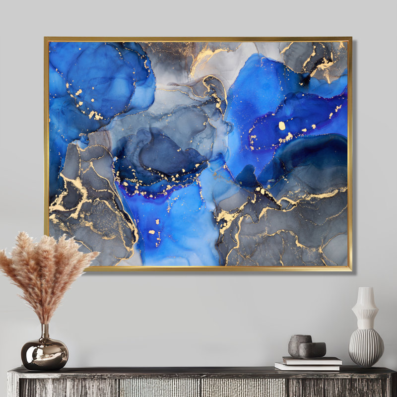 «Blue and Black Luxury Abstract Fluid Art I», reproduction d'art sur toile, H 34 po x l 44 po, Doré