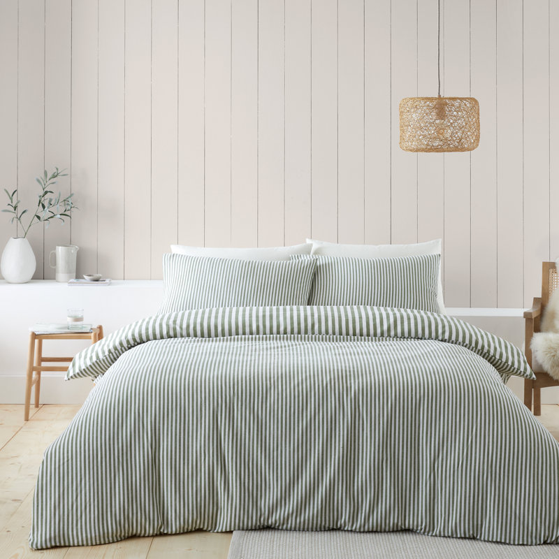 Brushed Stripe Cotton Reversible Duvet Cover Set, Double Duvet Cover + 2 Standard Pillowcases, Green