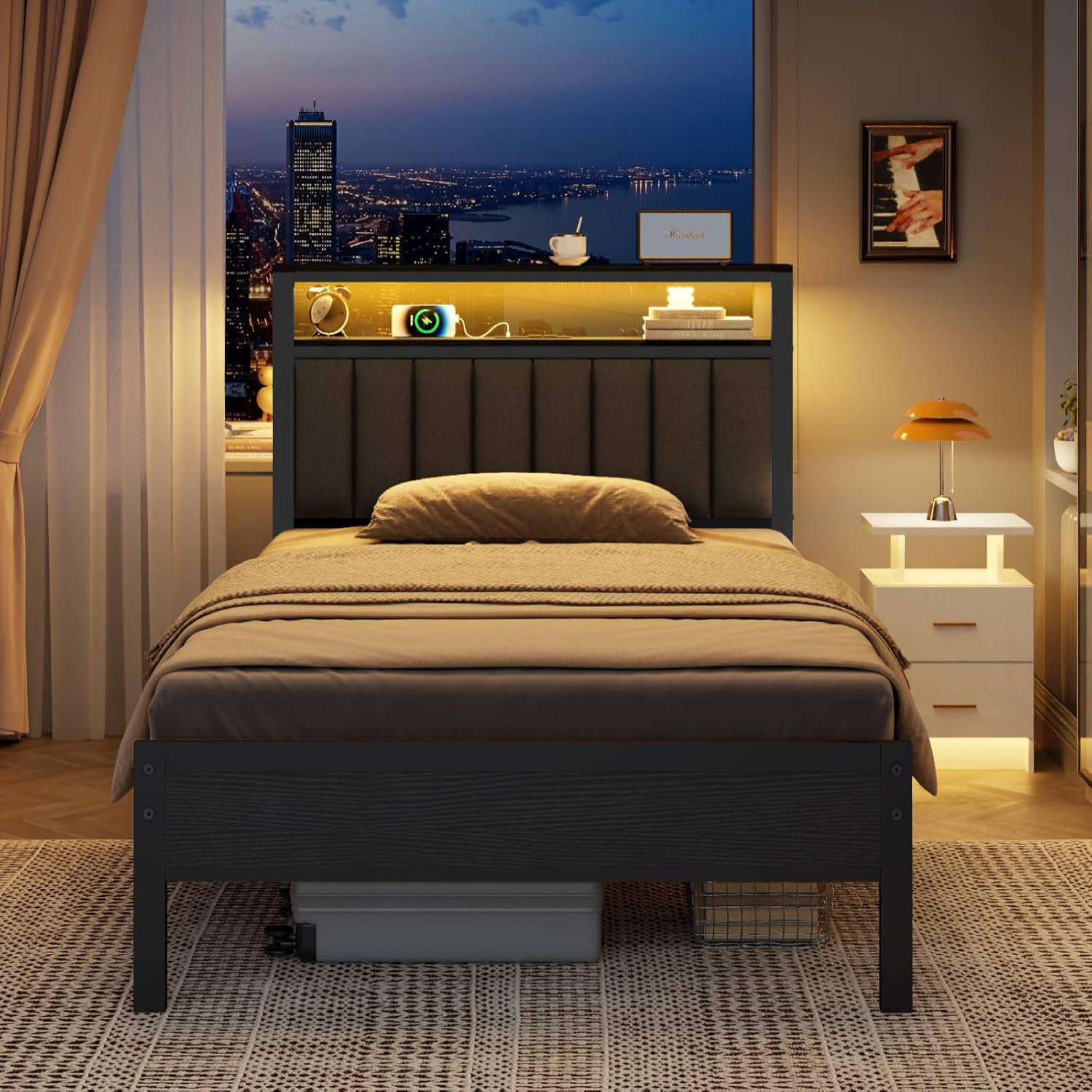 Ivy Bronx Twin Bed Frame With Charging Station And LED Lights, Comes ...