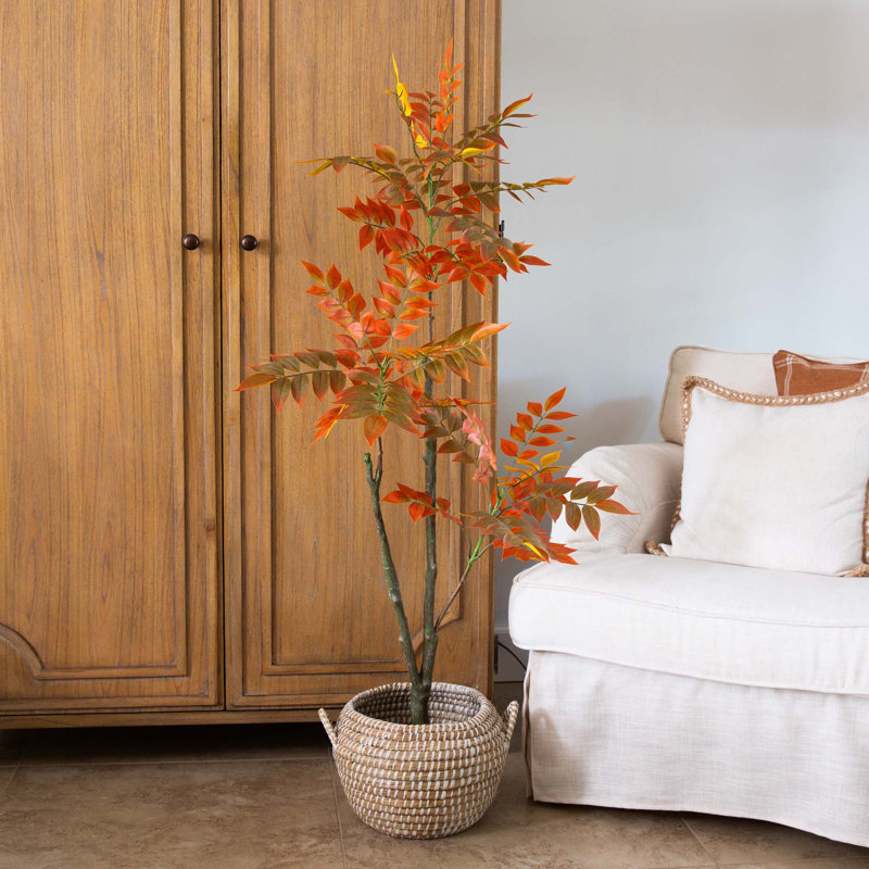 48'' Orange and Green Artificial Sumac Tree in Black Pot
