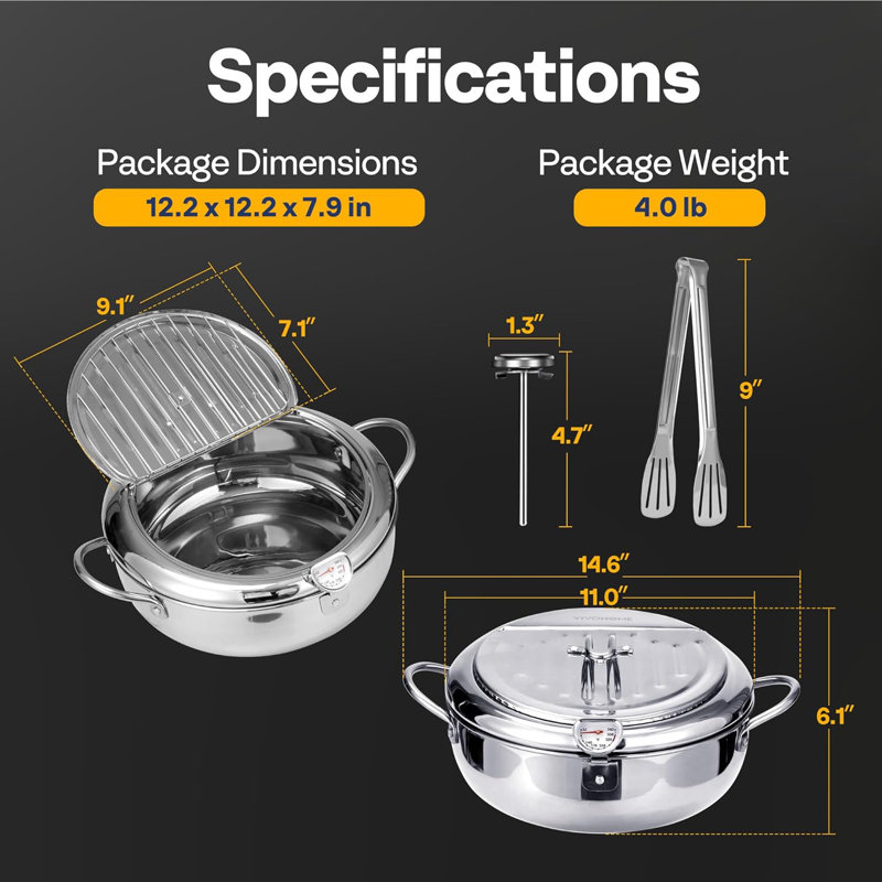 Friteuse en acier inoxydable avec pince, thermomètre, 4.2 quarts, 6.1" H x 11" W x 7.1" D