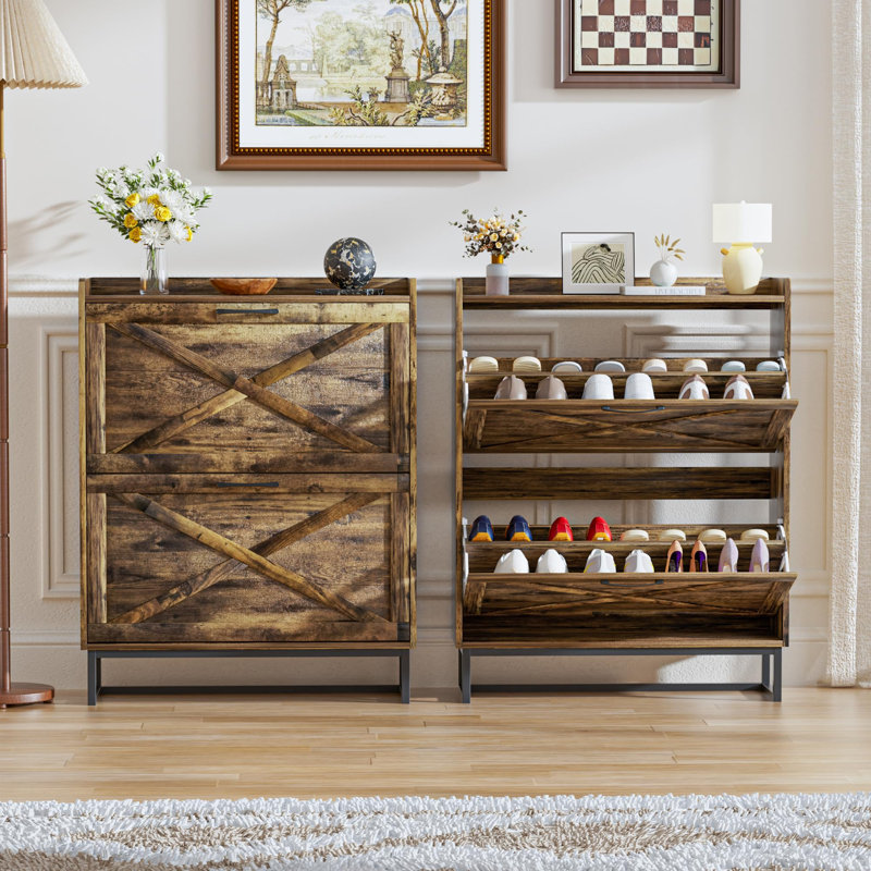 16 Pair Solid Wood Shoe Storage Cabinet, Brown