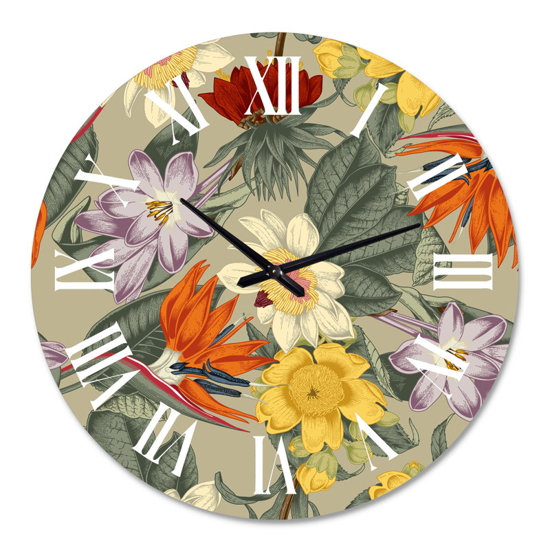 Horloge murale traditionnelle avec fleurs exotiques rétro orange et jaune, Grand
