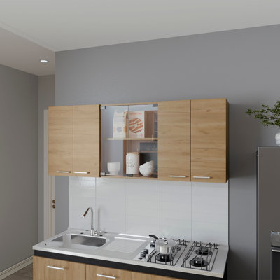 Armoire murale Verona en mélamine avec 4 portes et rangement en verre, chêne naturel