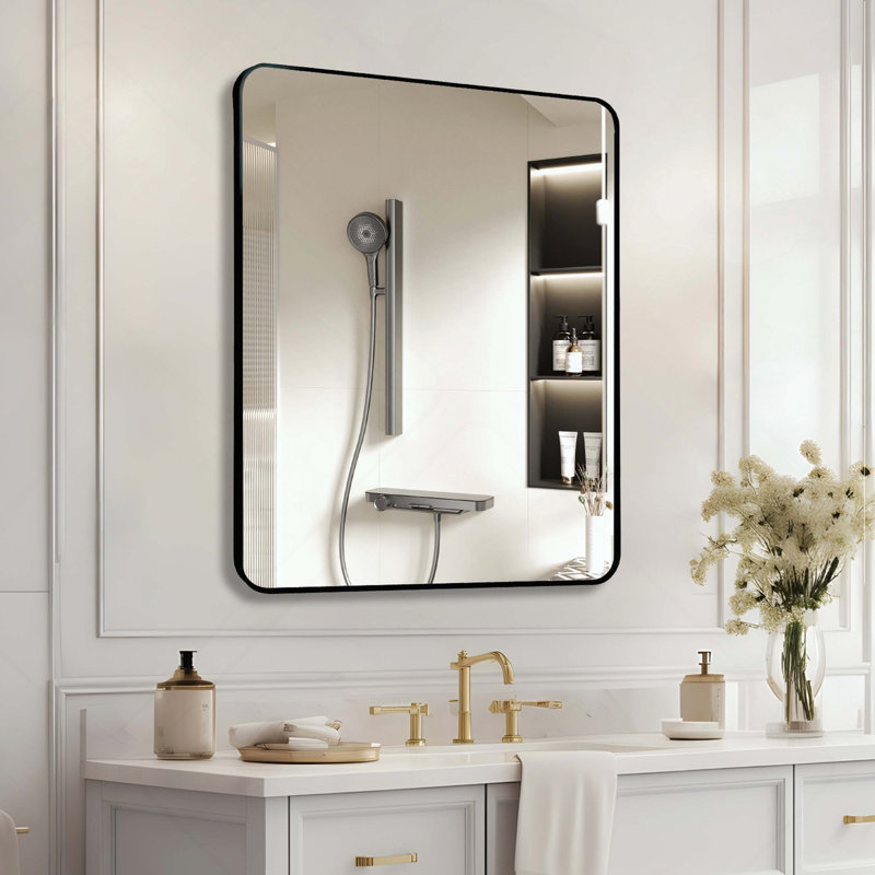 Rectangular Metal Framed Bathroom Mirror, Black, Rectangle, 36" x 30"