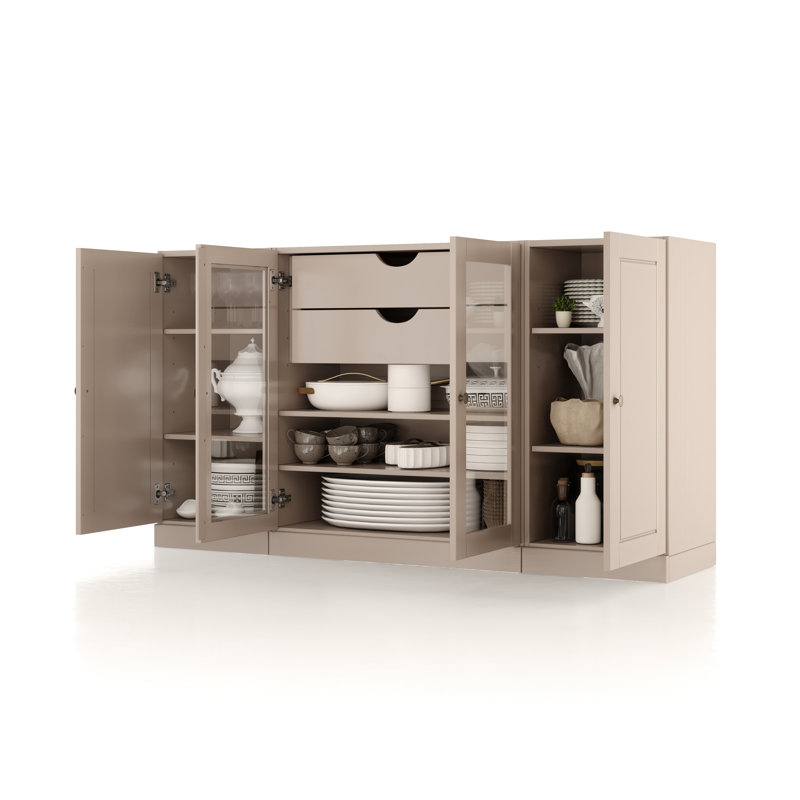 Buffet 100% bois massif 65 po avec portes en verre massif et transparent, 2 tiroirs et tablettes réglables, Beige
