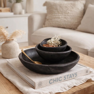 Sina Nesting Decorative Bowls Set Of 3, Rustic Black Teak Wood