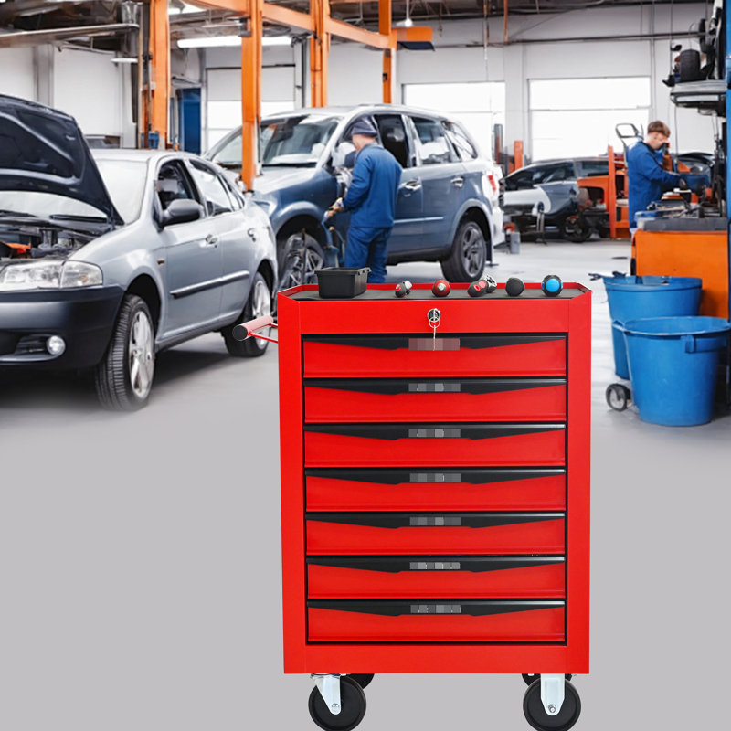 Armoire à outils à 7 tiroirs pour atelier en rouge et noir, finition thermolaquée, glissières à roulement, 4 roulettes universelles 2 avec frein, chariot de rangement verrouillable à clé en acier laminé à froid,