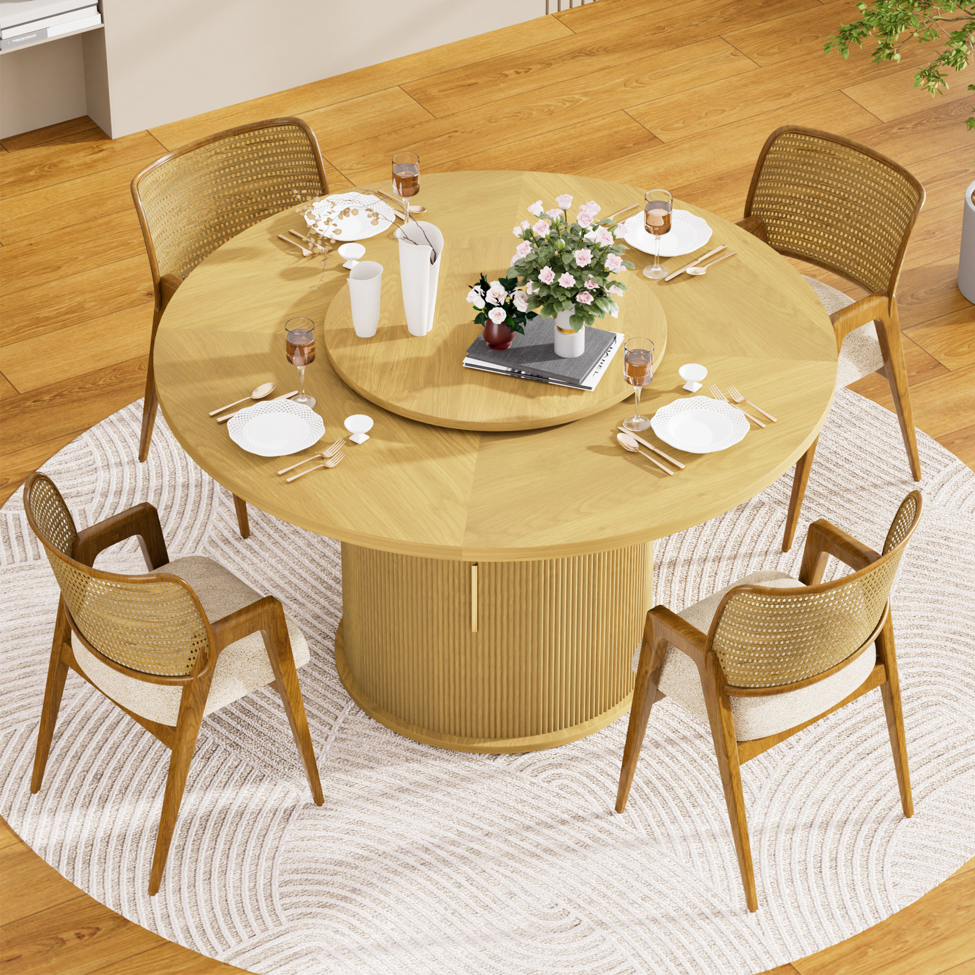 George Oliver 55'' Dining Table With Rotating Tabletop Tray, Wooden ...