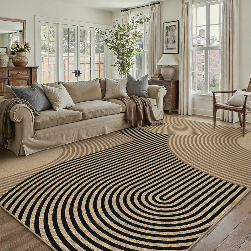 Geometric Striped Jute Area Rug in Black/Brown, Rectangle 3' x 5'