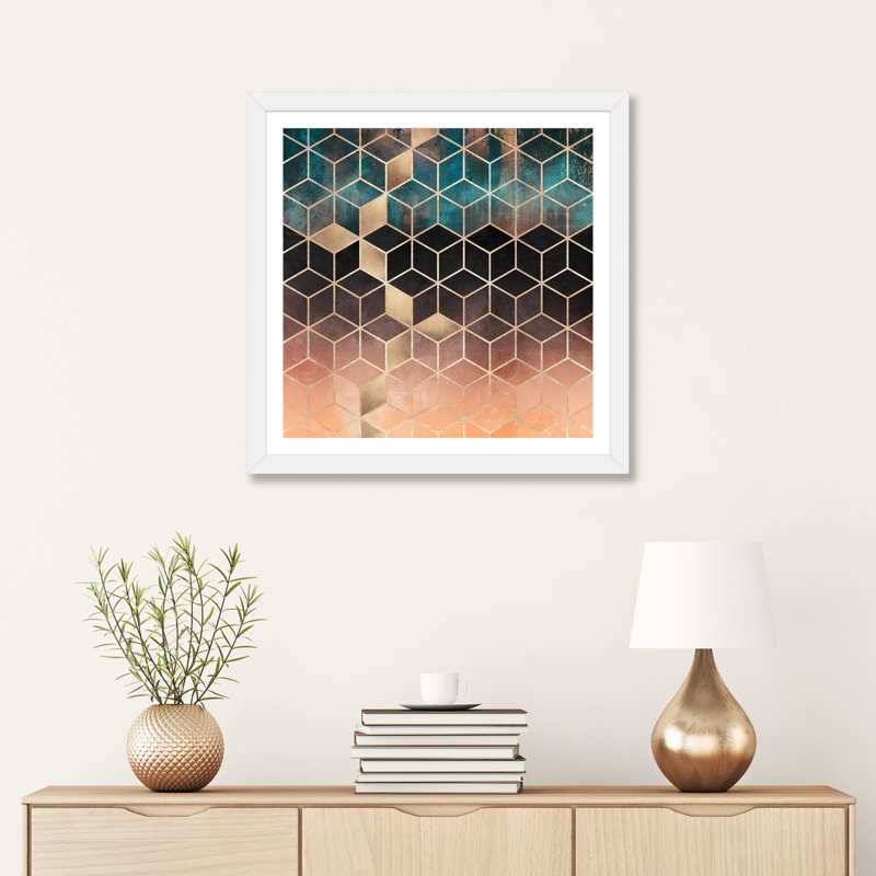 «Ombre Dream Cubes» par Elisabeth Fredriksson - impression d'art graphique, H 16 po x l 16 po x p 1 po, Papier encadré blanc