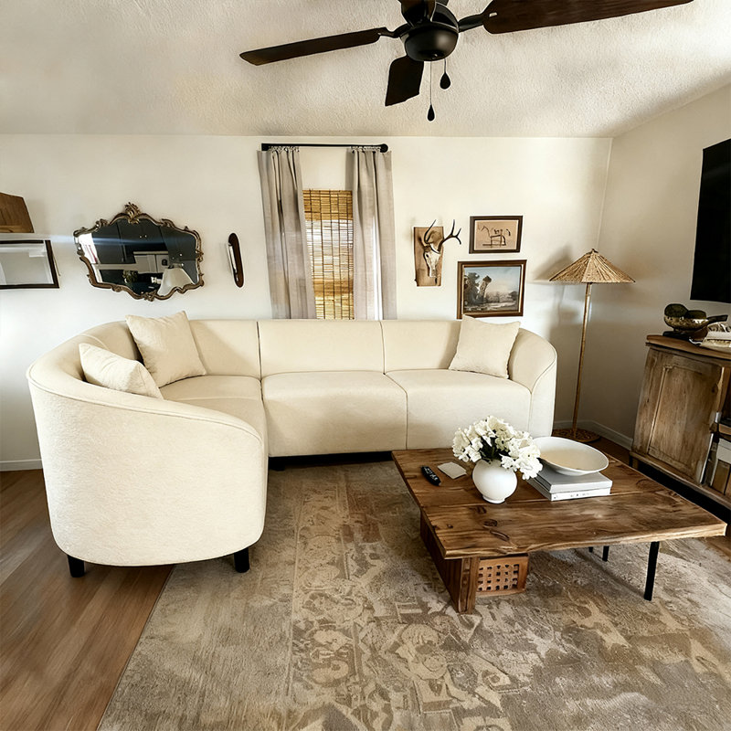 104" Curved L-Shaped Contemporary Sectional Sofa - Plush Bouclé Upholstery, Reversible Layout, Beige Boucle