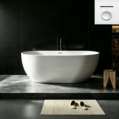 63" x 29.53" Freestanding Acrylic Bathtub Deep Soaking Tub Glossy White with Integrated Overflow, Chrome Pop‑up Drain