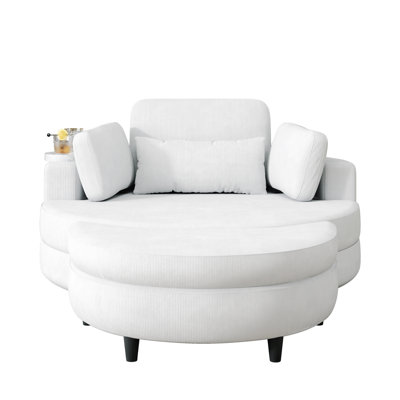 51-Inch Beige Corduroy Sofa With Two Throw Pillows And A Waist Pillow With An Extra Tray For Comfortable Seating Suitable For Small Apartment Bedroom