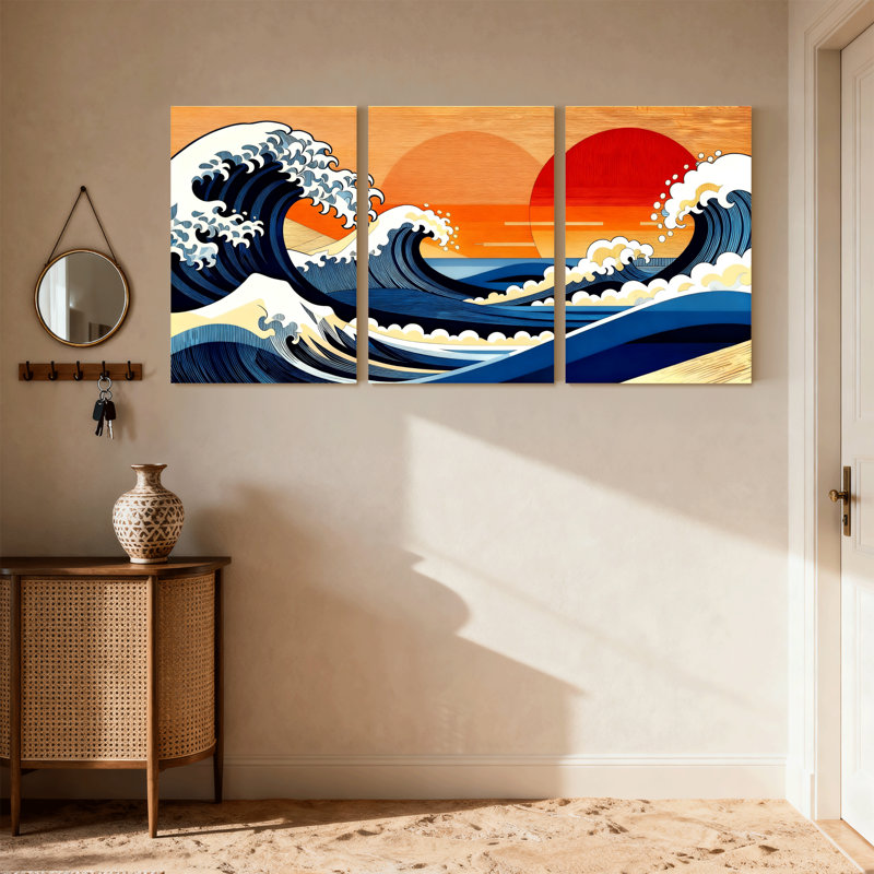 «Nautical & Beach Wave Sunset Mountain Ocean Reflection», ensemble de 3 impressions sur toile, H 24 po x l 48 po