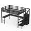 Lit mezzanine double en métal avec bureau en L, garde-robe, escalier de rangement, charge USB et lumière DEL, noir