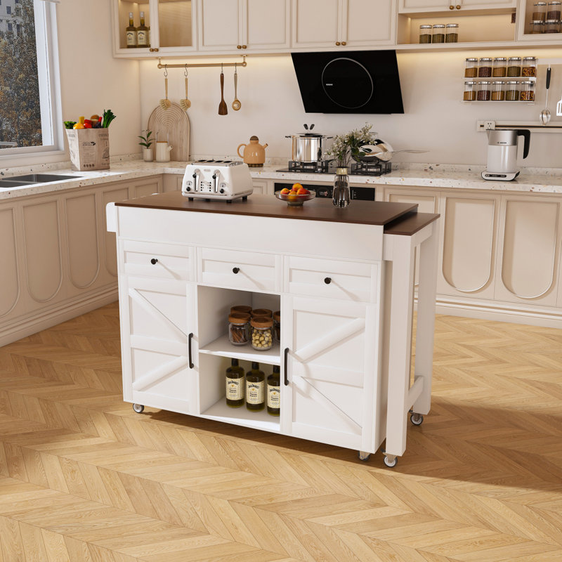 Îlot de cuisine 74,8 po avec table extensible et prise de courant, White