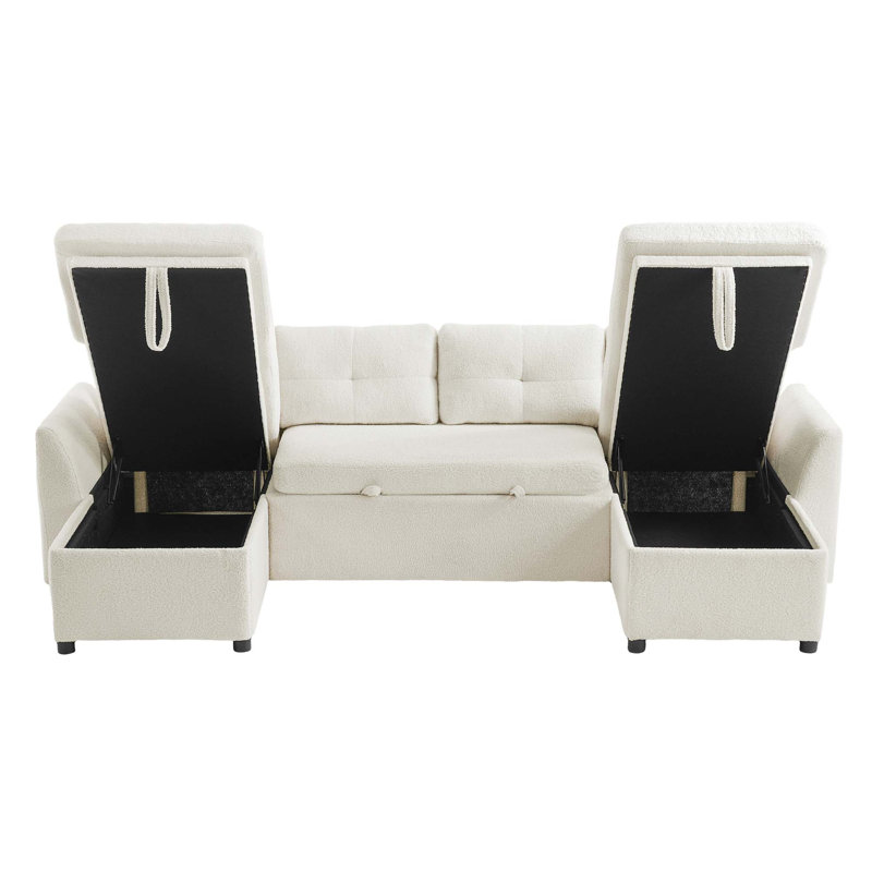 Modern U-Shaped Sectional Sofa with Sleeper Bed and Hidden Storage, Beige