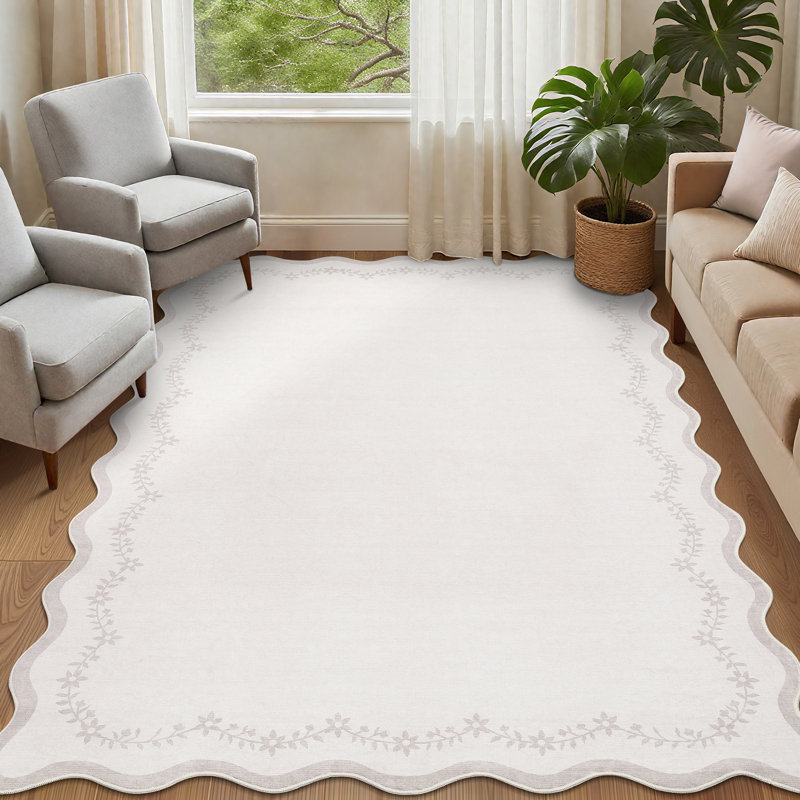 Scalloped Area Rugs for Living Room Washable Non Slip Bedroom Nursery Rugs Floral Farmhouse for Dining Room, White