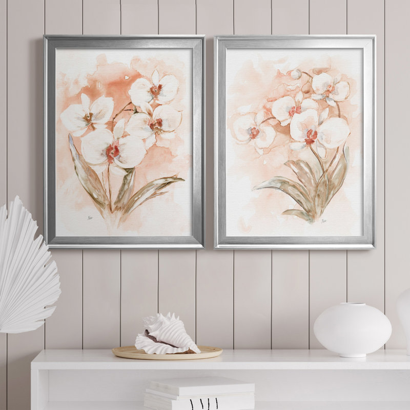 «White and Coral Orchid I», ensemble de 2 peintures sur toiles, H 22,5 po x l 61 po x P 1,5 po, Toile avec cadre argenté