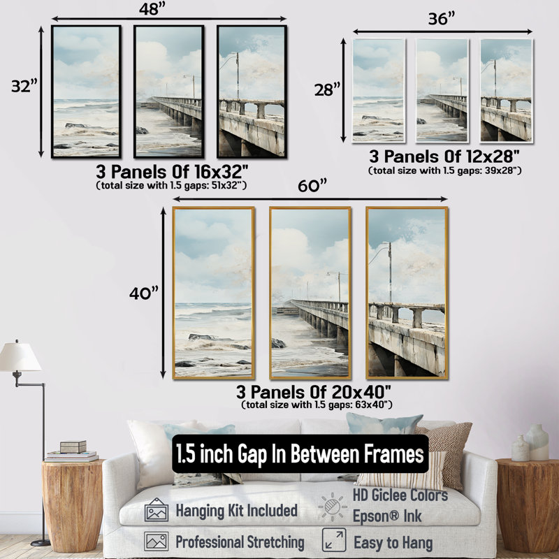 «Modern Watercolor Pier Horizon II», ensemble d'art mural sur toile Coastal Pier, Cadre flottant doré