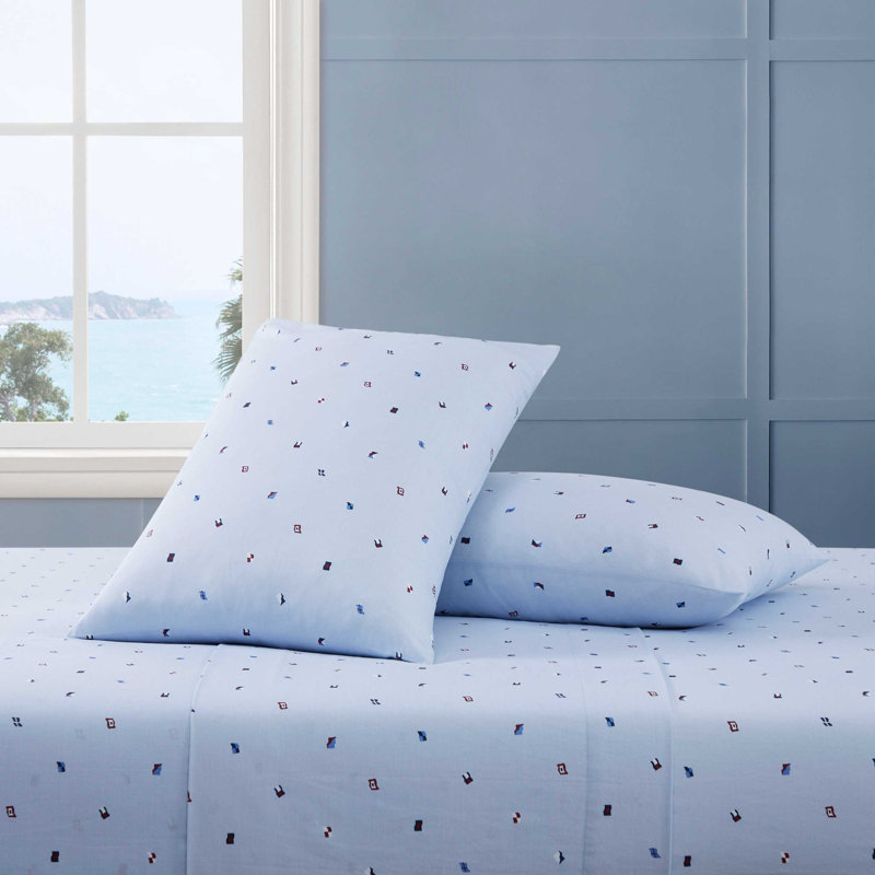Tommy Hilfiger Printed Percale Cotton Sheet Set, King Sheet Set with 2 Pillowcases, Nautical Flag Blue