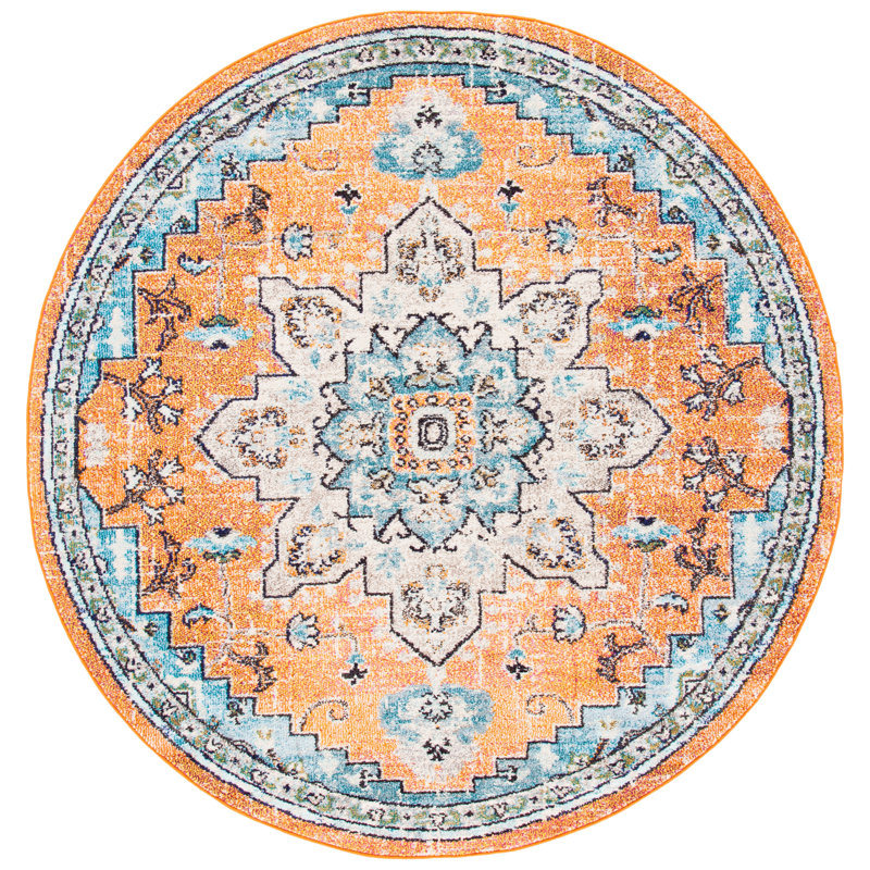 Yedidalga Oriental Orange/Teal Area Rug, Round 8'