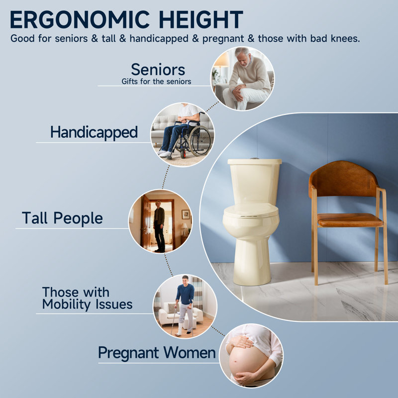 17.5" Round ADA Height Toilet Two Piece Tall Toilet 1.1/1.6 GPF Dual Flush Bone, Map Flush 1000g with Soft Close Seat, Bone