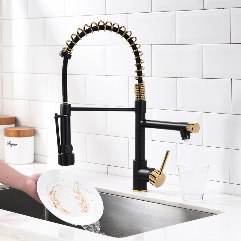 Kitchen Sink Faucet With Pull Down Spray, Matte Black And Gold, 360 Degree Rotatable, Single Handle Lever For Use Black+Gold Lever, Sinks