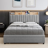 Upholstered Bed Frame With Storage Headboard And Charging Station