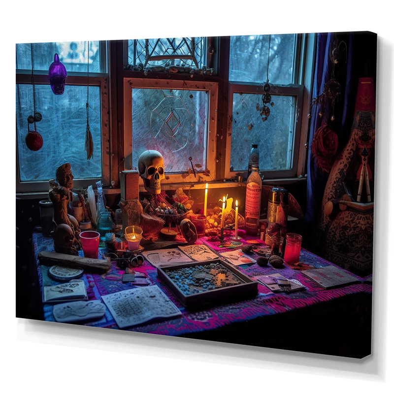 «Sanctuaire autel chamanique avec objets sacrés» sur, H 24 po x l 32 po, Toile tendue
