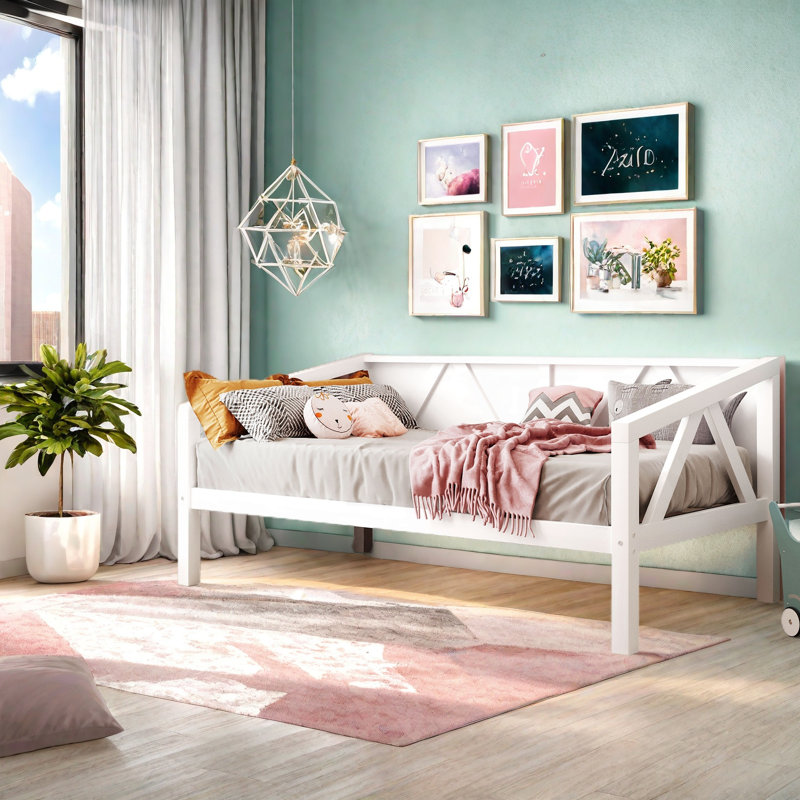 Lit de jour simple, support en lattes de bois, Blanc