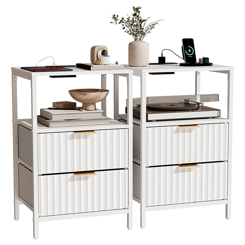 15 Inches Wide Odriscoll - 2 Drawers, 1 Shelf, US Power Outlet - Set Of 2, White