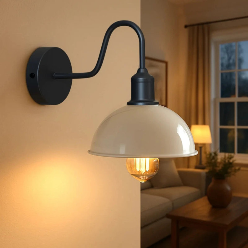 Modern Industrial Vintage Dome Wall Sconce – Fixed Curved Arm Metal Light for Bedroom, Hallway, Living Room, and Office., No