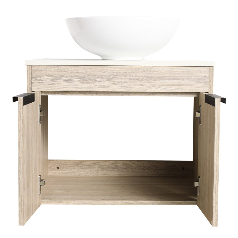 Meuble-lavabo mural 24 po. Chêne blanc avec lavabo en céramique et porte à fermeture en douceur. Vaste rangement. Meuble-lavabo. Porte suffisante