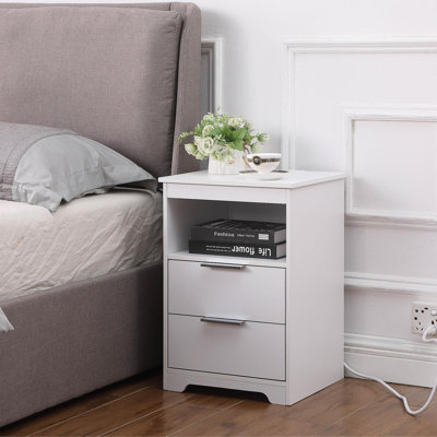 Nightstand With Charging Station,End Table With 2 Drawers,Wooden End Table With Drawer And Opening Shelf,Side Table For Bedroom, White