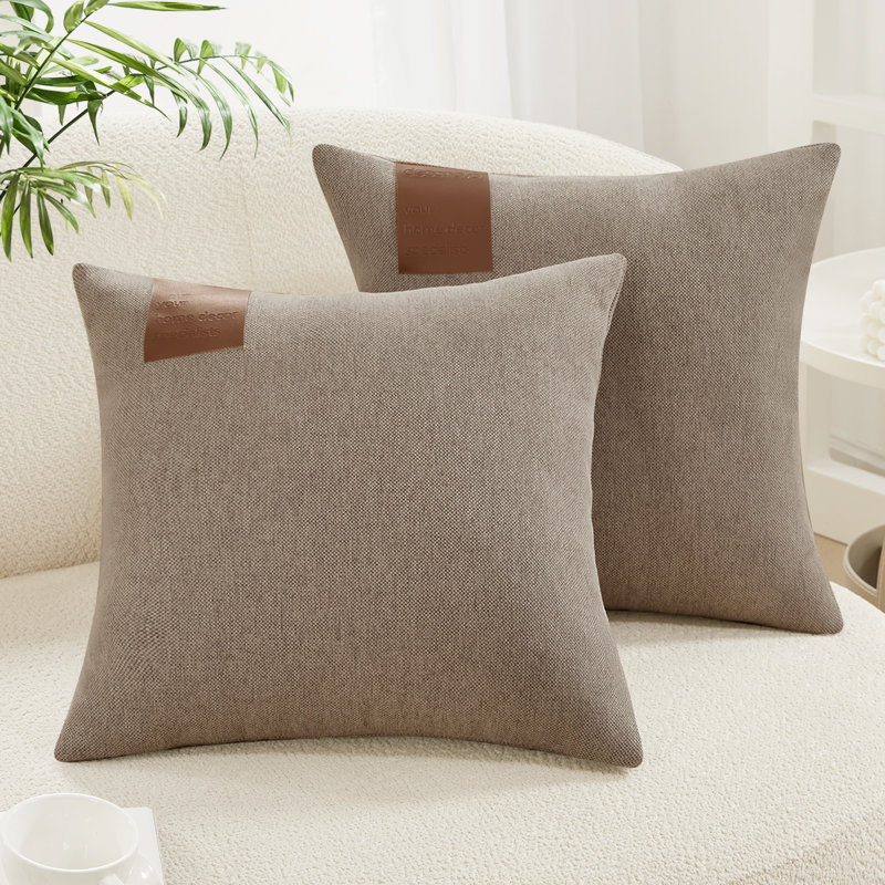 Decorative Solid Pillow Covers with Leather Label (Set of 2), 16"H x 16"W, Natural Beige