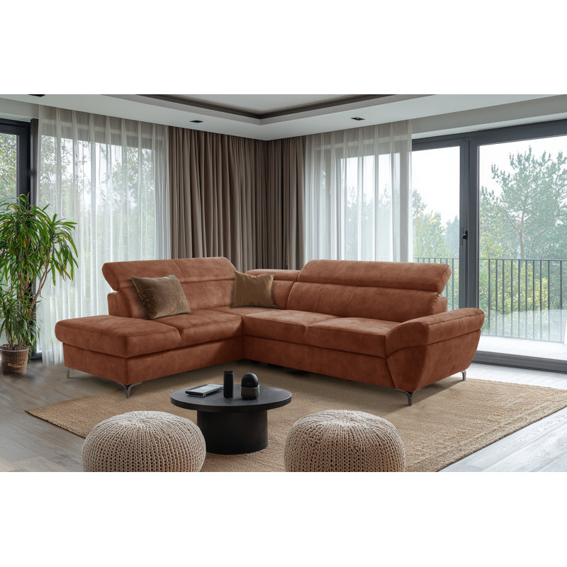 MONTANA Fabric Corner Sofa with Sleeping Function and Storage and Adjustable Headrests, Orange, Left Hand Facing
